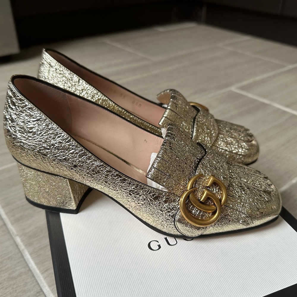 COPY - Gucci Gold Metallic Leather GG fringe Marmont 55mm Heeled Loafer Pumps s…